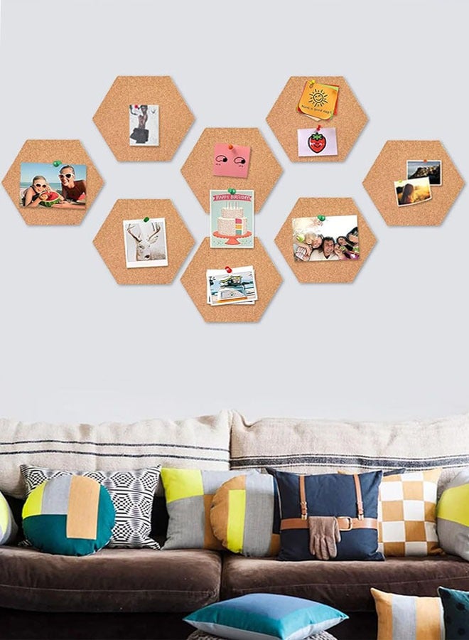 Cork Board Tiles, 8 PCS Self-Adhesive Hexagon Cork Bulletin Board with 50 PCS Color Push Pins for Home Office Decor, Cork Boards Memos Photos Display - Image 2