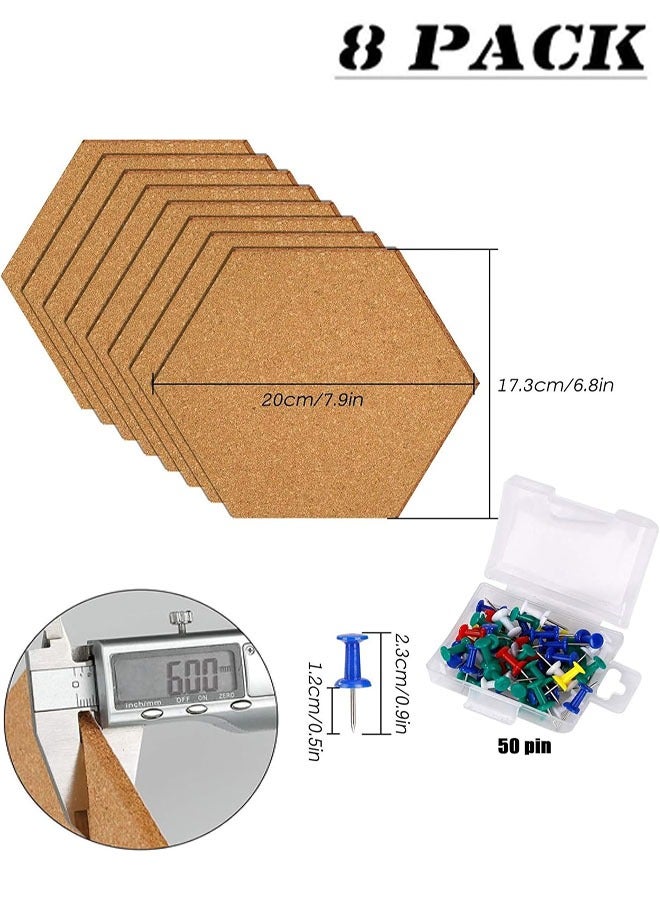 Cork Board Tiles, 8 PCS Self-Adhesive Hexagon Cork Bulletin Board with 50 PCS Color Push Pins for Home Office Decor, Cork Boards Memos Photos Display - Image 4