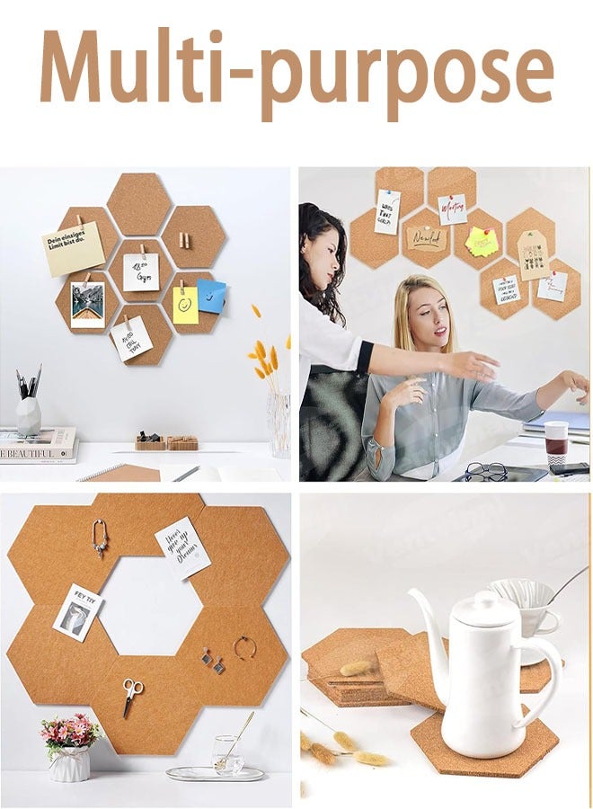 Cork Board Tiles, 8 PCS Self-Adhesive Hexagon Cork Bulletin Board with 50 PCS Color Push Pins for Home Office Decor, Cork Boards Memos Photos Display - Image 5