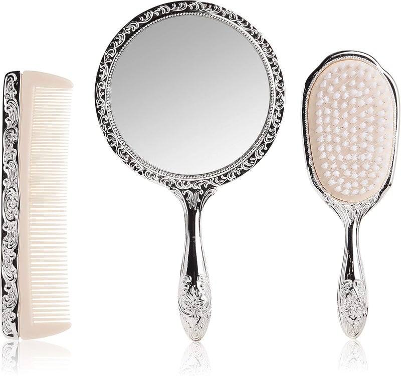 Kingsley 3-Piece Silver Chrome Vanity Set with Comb, Brush, and Mirror - Image 1
