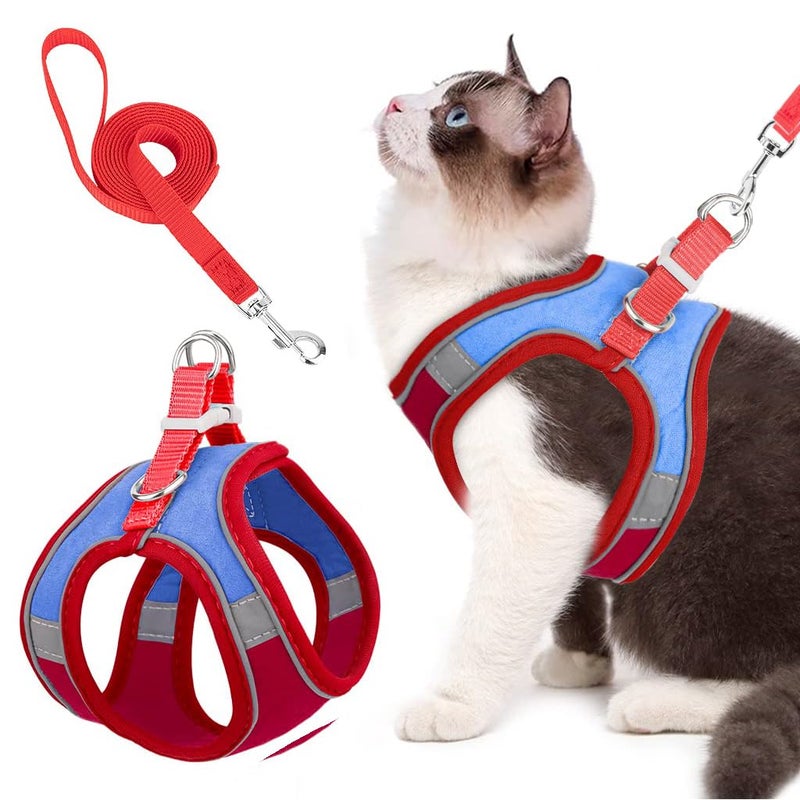 Qpets® ® Cat Vest Harness with 1.5m Leash Adjustable Size Pet Vest Harness Breathable Suede Fabric with Safety Reflective Strip Cat Harness for Small Cat Dog (M, red) - Image 1