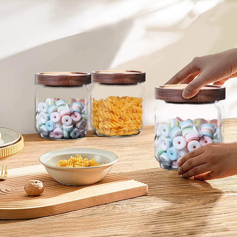 Sugar Organizer Container Wooden Lid Glass Food Storage Canister Glass Storage Jars Set of 3 Small Glass Storage Jars with Airtight Lids Coffee Beans container with Clear Glass (500ml*3PCS) - Image 5