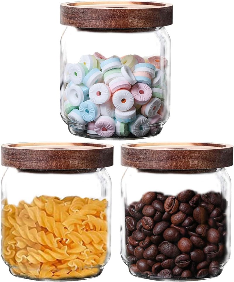 Sugar Organizer Container Wooden Lid Glass Food Storage Canister Glass Storage Jars Set of 3 Small Glass Storage Jars with Airtight Lids Coffee Beans container with Clear Glass (500ml*3PCS) - Image 1