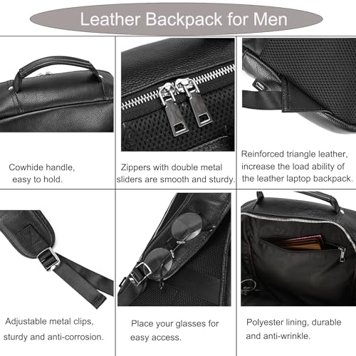 LUUFAN Genuine Leather Backpack Men Casual Daypack 15.6 Inch Laptop Rucksack Business Travel Outdoor Shoulder Bag with Trolley Sleeve (Black) - Image 5