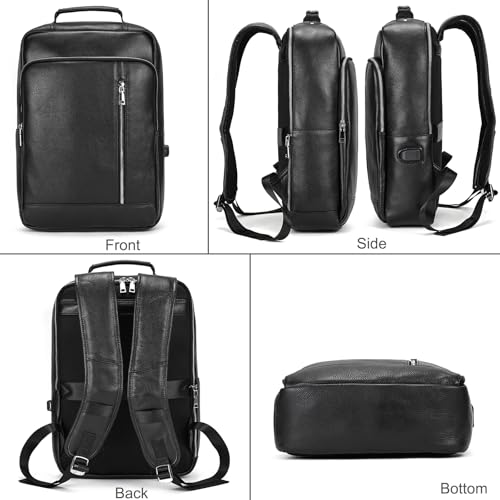 LUUFAN Genuine Leather Backpack Men Casual Daypack 15.6 Inch Laptop Rucksack Business Travel Outdoor Shoulder Bag with Trolley Sleeve (Black) - Image 2