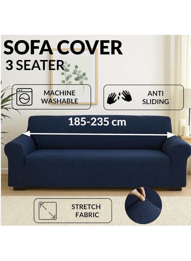 Fabienne Stretch Fit 3-Seater Sofa Cover Soft Brushed Fabric Couch Cover Exquisitely Full Coverage Furniture Protector Slipcover Three Seater Fits on Standard and Recliner Sofa 185-235cm Size Navy - Image 1