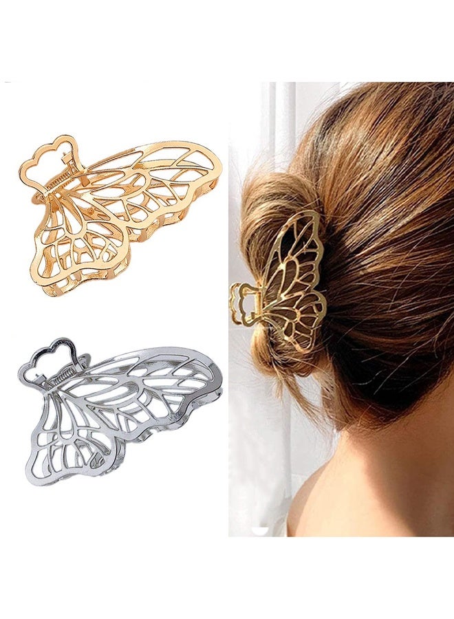 2 Pcs Butterfly Metal Nonslip Hair Claw Clips, Perfect Electroplating Alloy Anti Rust Jaw Hair Clamps, Suitable for Thick Curly Long Sparse Hair Style Decorative Accessories (Gold+Silver) - Image 1
