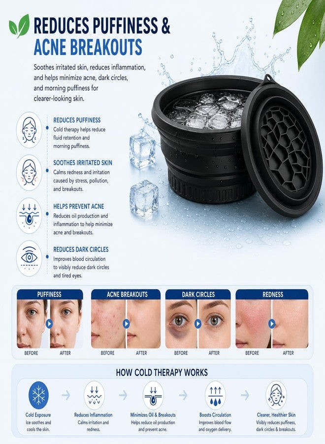 ANTIL'S ANTIL’S Silicone Ice Face Bowl with Built-in Ice Tray - Collapsible Facial Ice Bath Tub for Skin Tightening, Acne Relief & Cold Plunge Therapy - Portable Spa Tool for Home & Travel (Pack of 1) Black Color - Image 4