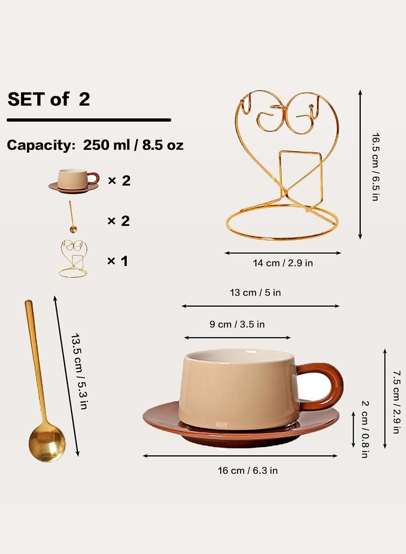 YOUGE Coffee Cup Set with Spoon and Cup Holder, Colorful Ceramic Coffee Mug with Saucer, Coffee Mugs Set 8.5oz / 250ml for Coffee, Tea, Can be Given as a Gift-Brown Set 2 Piece - Image 2