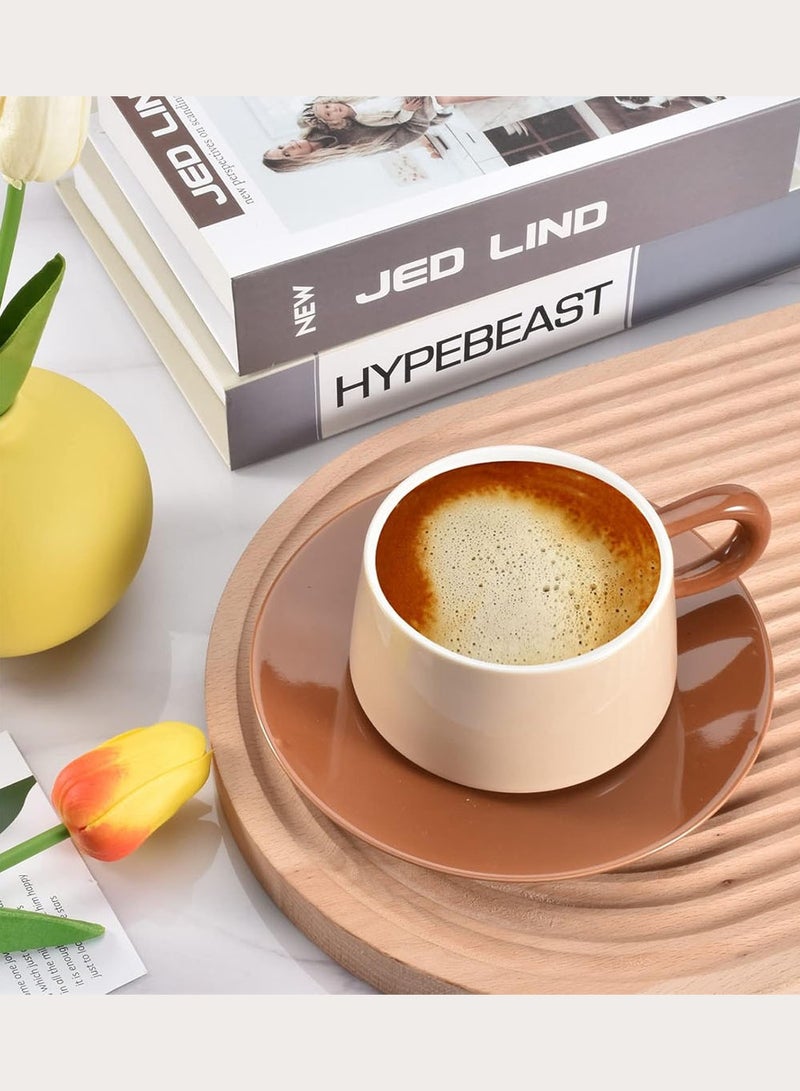 YOUGE Coffee Cup Set with Spoon and Cup Holder, Colorful Ceramic Coffee Mug with Saucer, Coffee Mugs Set 8.5oz / 250ml for Coffee, Tea, Can be Given as a Gift-Brown Set 2 Piece - Image 5