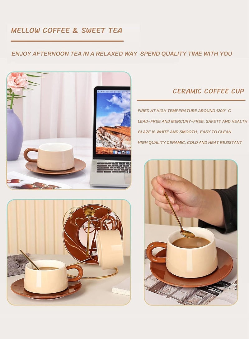 YOUGE Coffee Cup Set with Spoon and Cup Holder, Colorful Ceramic Coffee Mug with Saucer, Coffee Mugs Set 8.5oz / 250ml for Coffee, Tea, Can be Given as a Gift-Brown Set 2 Piece - Image 3