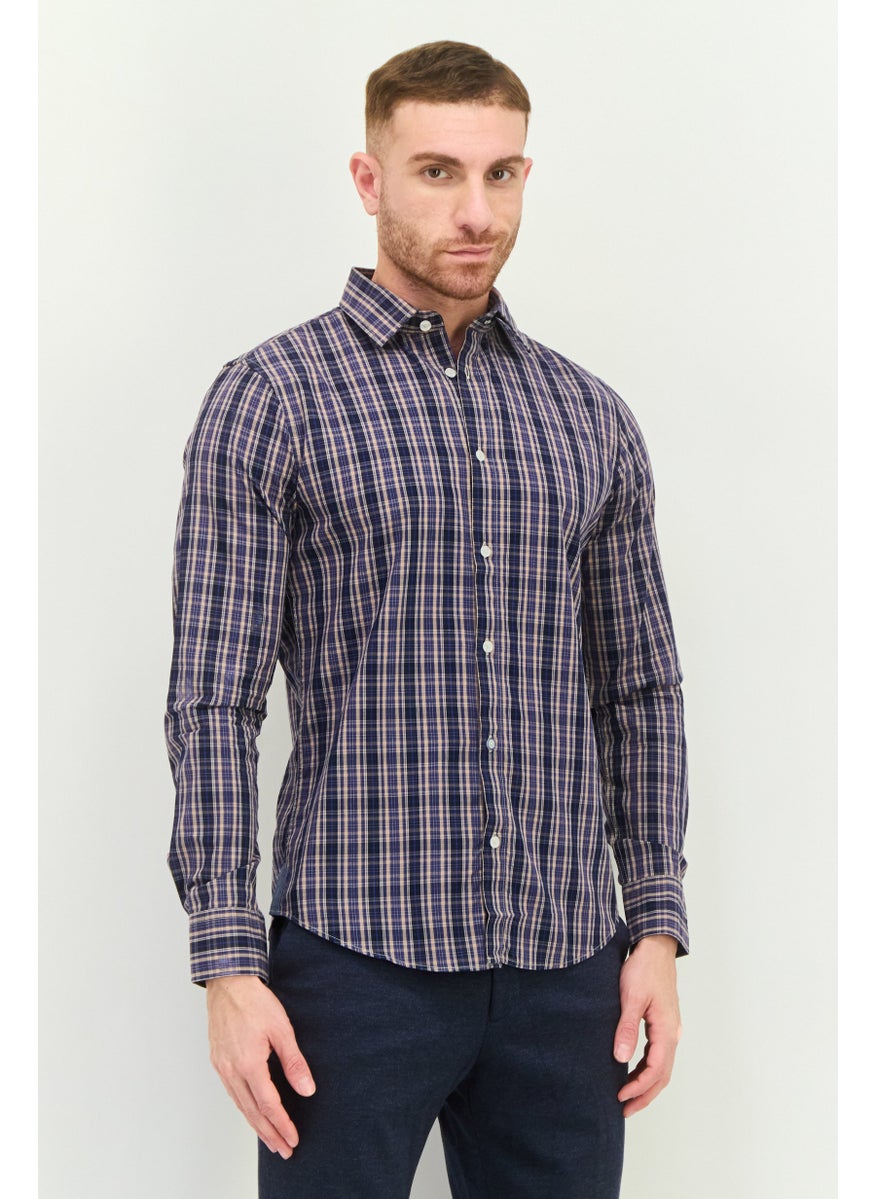 GAS Men Regular Fit Checkered Long Sleeve Casual Shirt, Navy/Black Combo  - Image 1