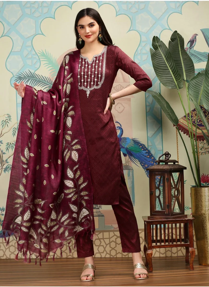 آي شين Floral Woven Design Notch Neck Silk Crepe Straight Kurta With Trousers & Dupatta