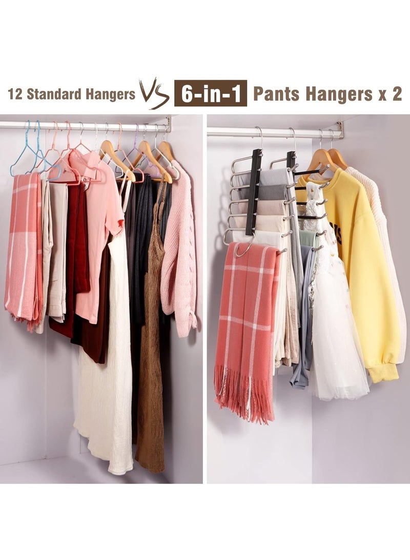 6-Tier Pant Hangers 2 Pack – Space-Saving Clothes Organizer with Anti-Slip Design, Stainless Steel Construction, Black, Ideal for Jeans, Pants, and Trousers - Image 5