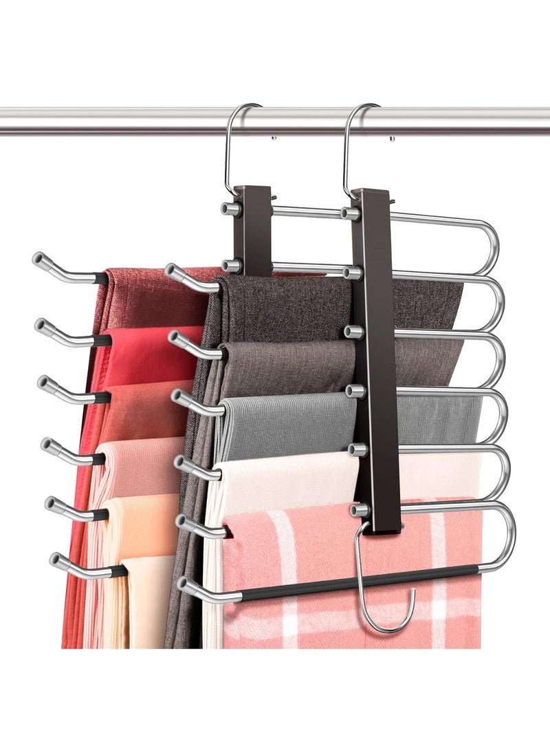 6-Tier Pant Hangers 2 Pack – Space-Saving Clothes Organizer with Anti-Slip Design, Stainless Steel Construction, Black, Ideal for Jeans, Pants, and Trousers - Image 1