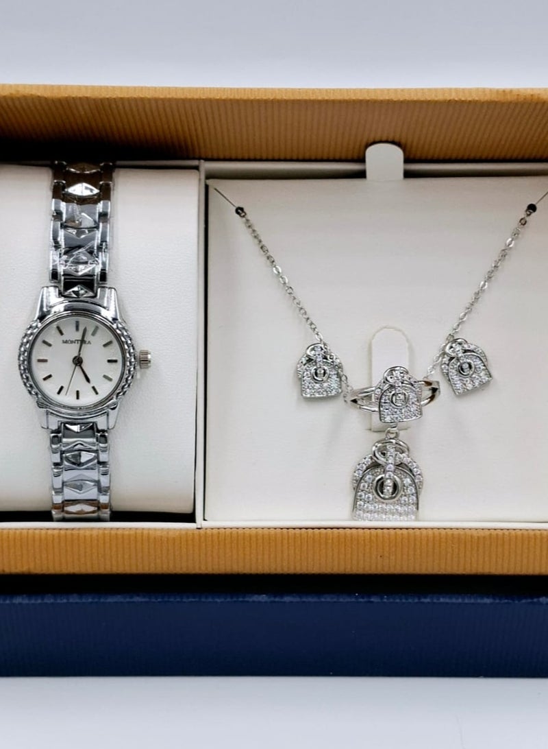 مونتيرا طقم ساعة يد بعقارب وطقم مكون من السلسال والحلق والخاتم للنساء