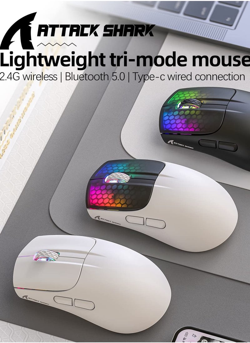 هجوم القرش - ماوس ألعاب لاسلكي X5 بثلاثة أوضاع BT 5.1/2.4Ghz/USB-C، خفيف الوزن 49 جرام، مستشعر بصري PAW3212، بطارية قابلة لإعادة الشحن، ماوس قرص العسل RGB LED للكمبيوتر الشخصي/الكمبيوتر اللوحي/سطح المكتب/المكتب/الألعاب - Image 1