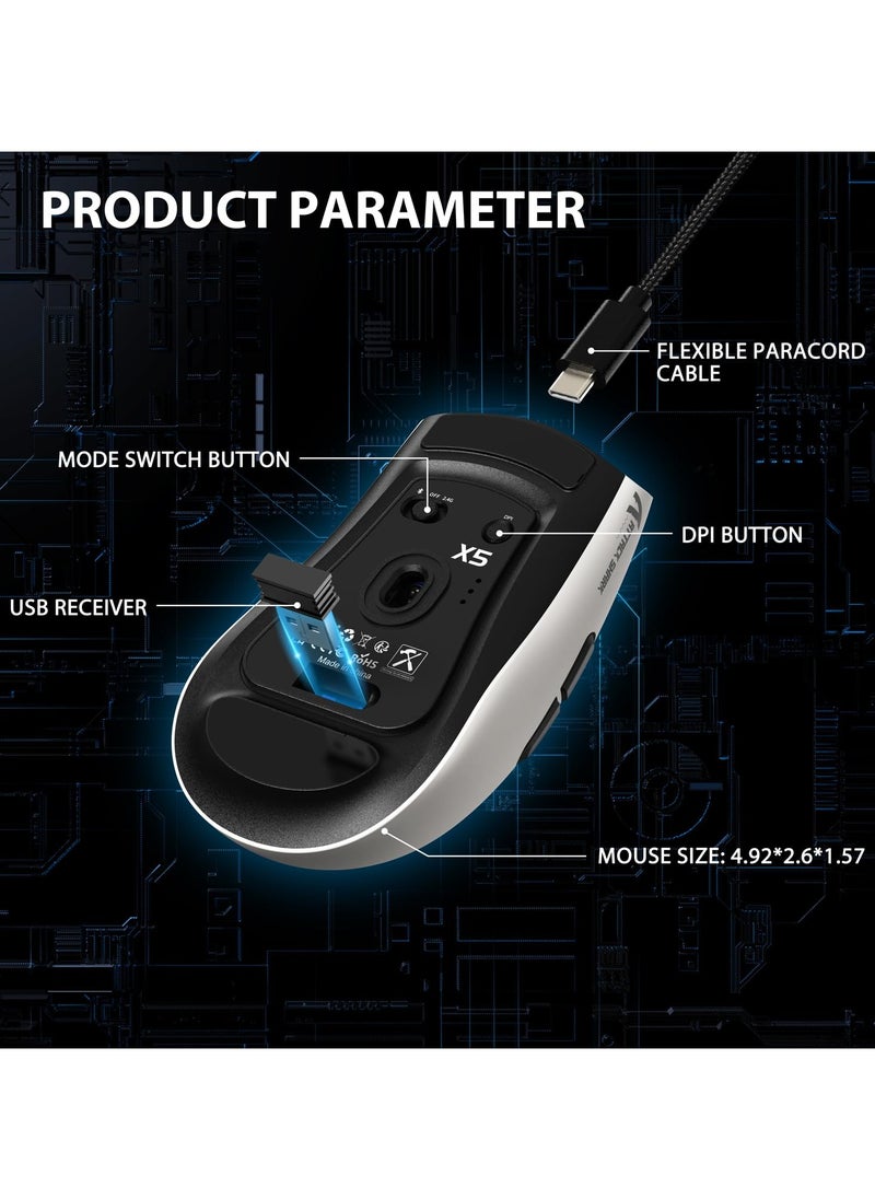 هجوم القرش - ماوس ألعاب لاسلكي X5 بثلاثة أوضاع BT 5.1/2.4Ghz/USB-C، خفيف الوزن 49 جرام، مستشعر بصري PAW3212، بطارية قابلة لإعادة الشحن، ماوس قرص العسل RGB LED للكمبيوتر الشخصي/الكمبيوتر اللوحي/سطح المكتب/المكتب/الألعاب - Image 1