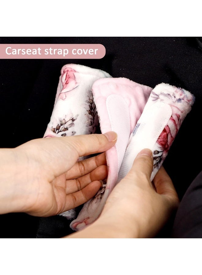 SWESEN Baby Head Support and Strap Cover for Car Seat, Minky Infant Carseat Headrest for Girls, Newborn Car Seat Insert Cushion for Strollers, Pink Floral - Image 4