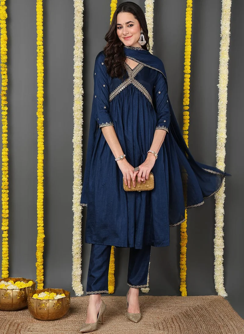 ZERESOUQ Navy Blue Silk Blend Solid Embroidered Flared Kurta Trouser With Dupatta