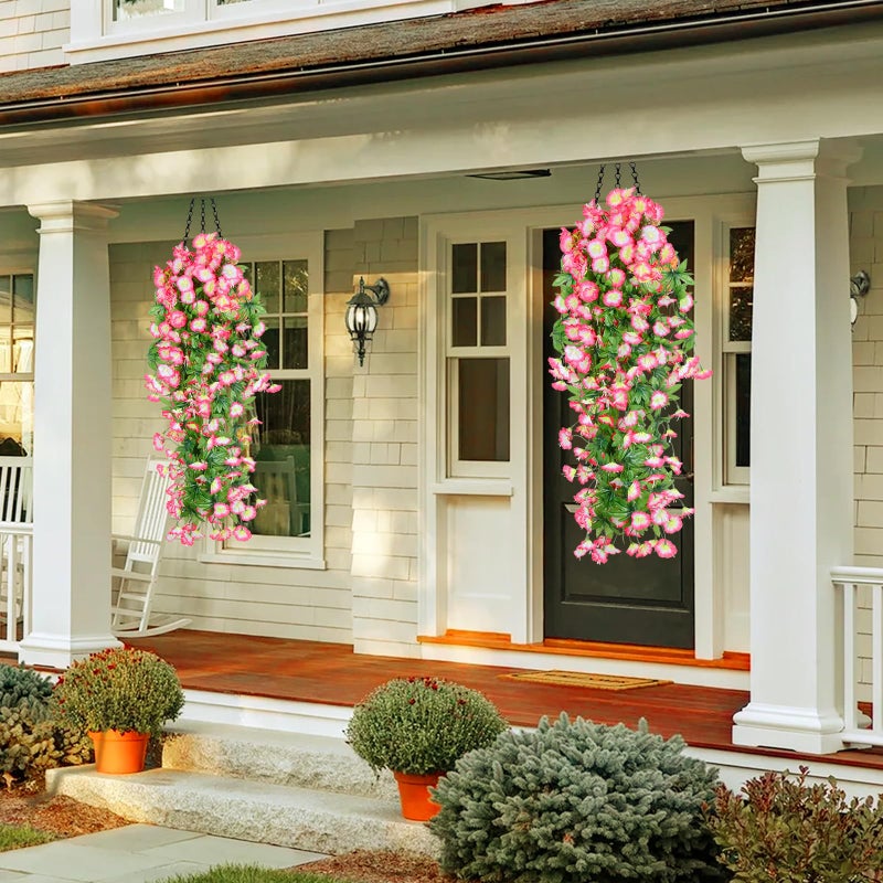 Elecxlink 2PCS Artificial Hanging Flowers, UV Resistant Fake Plastic Faux Hanging Plants Morning Glory Vines for Indoor Outdoor Home Room Garden Porch Eave Wedding Wall DÃ©cor (Pink) - Image 3