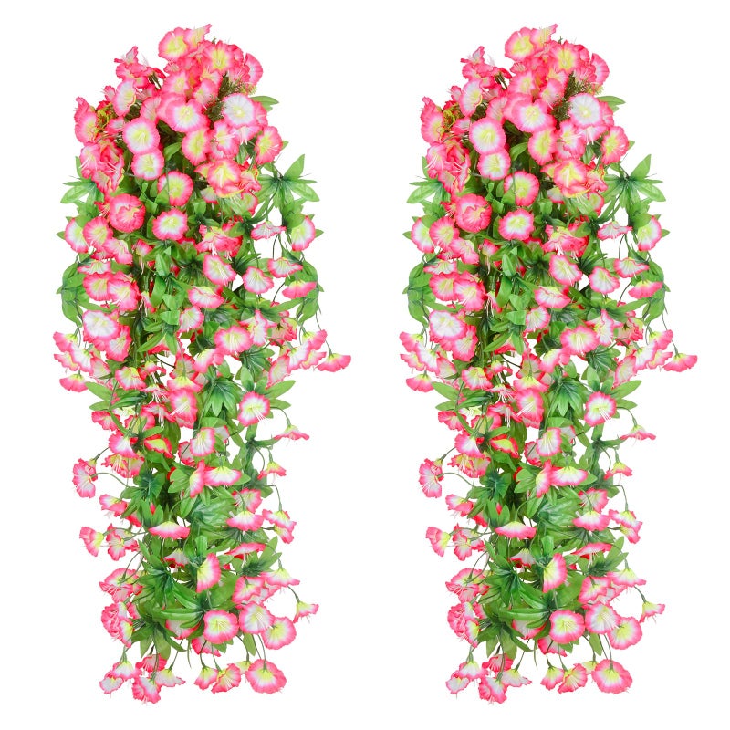 Elecxlink 2PCS Artificial Hanging Flowers, UV Resistant Fake Plastic Faux Hanging Plants Morning Glory Vines for Indoor Outdoor Home Room Garden Porch Eave Wedding Wall DÃ©cor (Pink) - Image 1