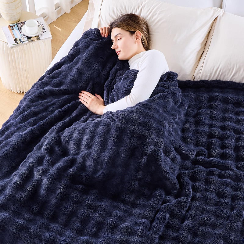 NEWCOSPLAY Queen Blanket for Couch Dark Navy Super Soft Flannel Fleece 3D Bubble Lightweight Bed Blanket All Season Use (Dark Navy  Queen(90 ""x90 "")) - Image 1