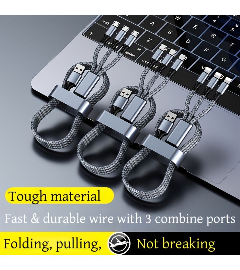 3 In 1 Fast Charging Cable 2m Nylon Braided For iPhone Type C Micro USB - Image 2