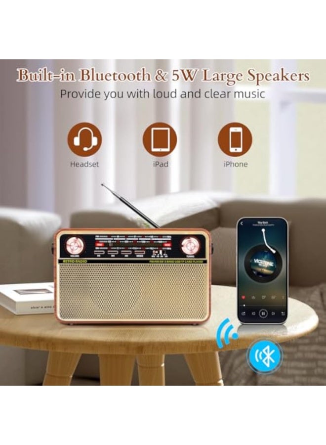 Arabest Portable AM FM Radio, Rechargeable Small Bluetooth Speaker Portable Shortwave Radio, Loud Speaker, Support AUX/TF Card/USB Playing for Home Outdoor - Image 4