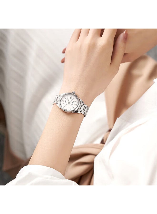 Rossini Women's Quartz Watch With White Dial And Steel Strap, Birthday Gift For Girlfriend, Chinese Brand Watch For Office Casual Wear And Water Resistance Sj5578