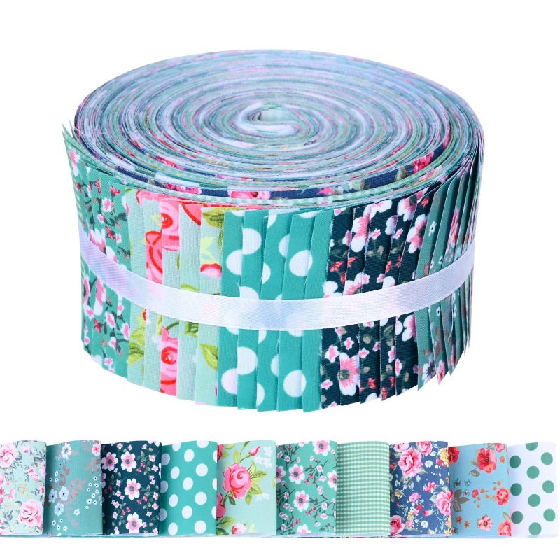 Bolsome 50 Pcs Green Blue Floral Jelly Fabric Strips Roll for Quilting Crafting Spring Summer Flower Precut Patchwork for Sewing DIY Crafts 2.55 Inch Polyester-Cotton Fabric Bundles - Image 1