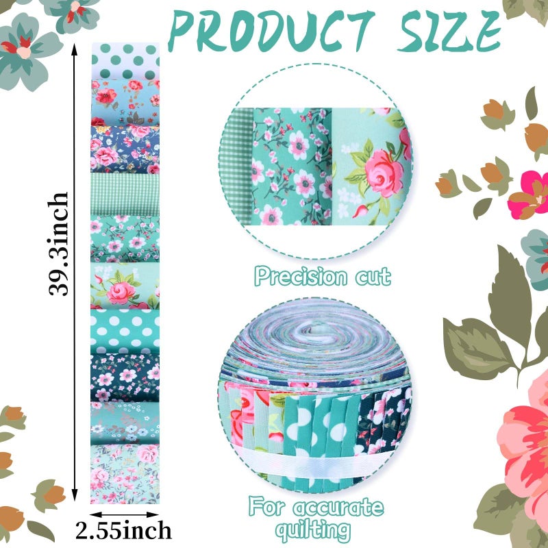 Bolsome 50 Pcs Green Blue Floral Jelly Fabric Strips Roll for Quilting Crafting Spring Summer Flower Precut Patchwork for Sewing DIY Crafts 2.55 Inch Polyester-Cotton Fabric Bundles - Image 2