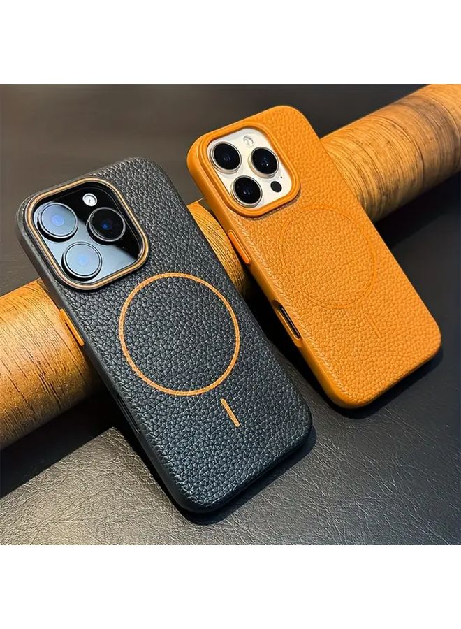 هاتف iPhone 16 Plus حافظة شحن لاسلكي مغناطيسية رمادي فاتح بنسيج الليتشي واقية من الصدمات من TPU الناعم - Image 1