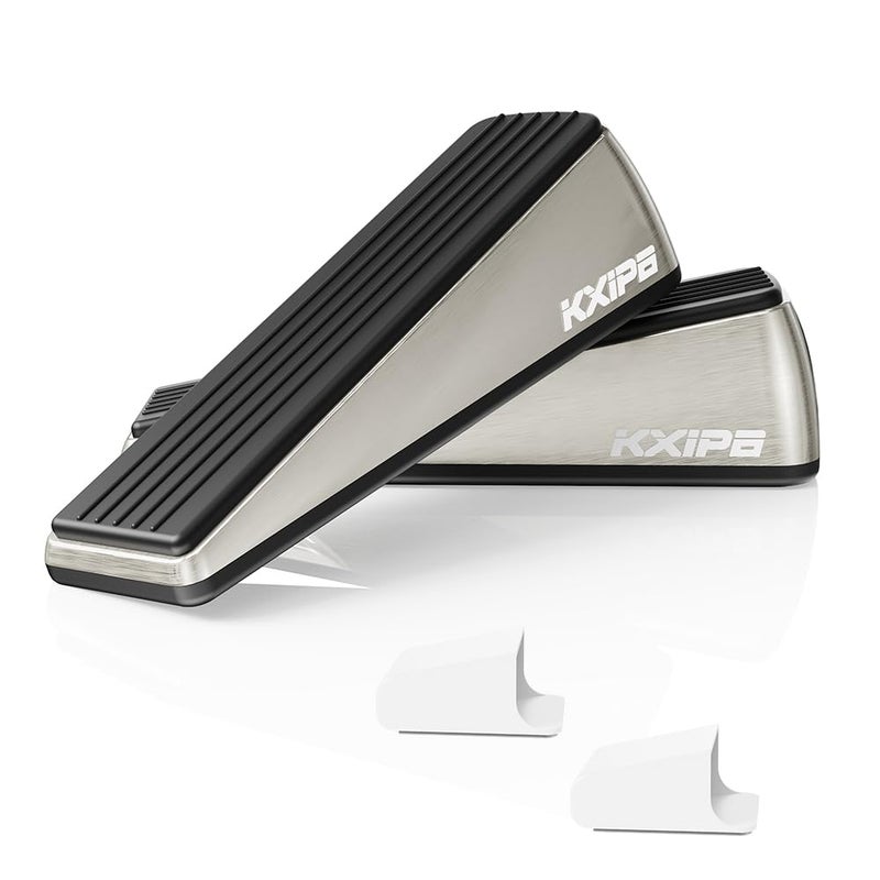 KXIPB 2 Pack Rubber Door Stopper Wedge - Heavy Duty Door Stoppers Stop Wedge Made of Premium Quality Brushed Stainless Steel, Wall Protector for Home & School with Self Adhesive Holder Satin Nickel - Image 1