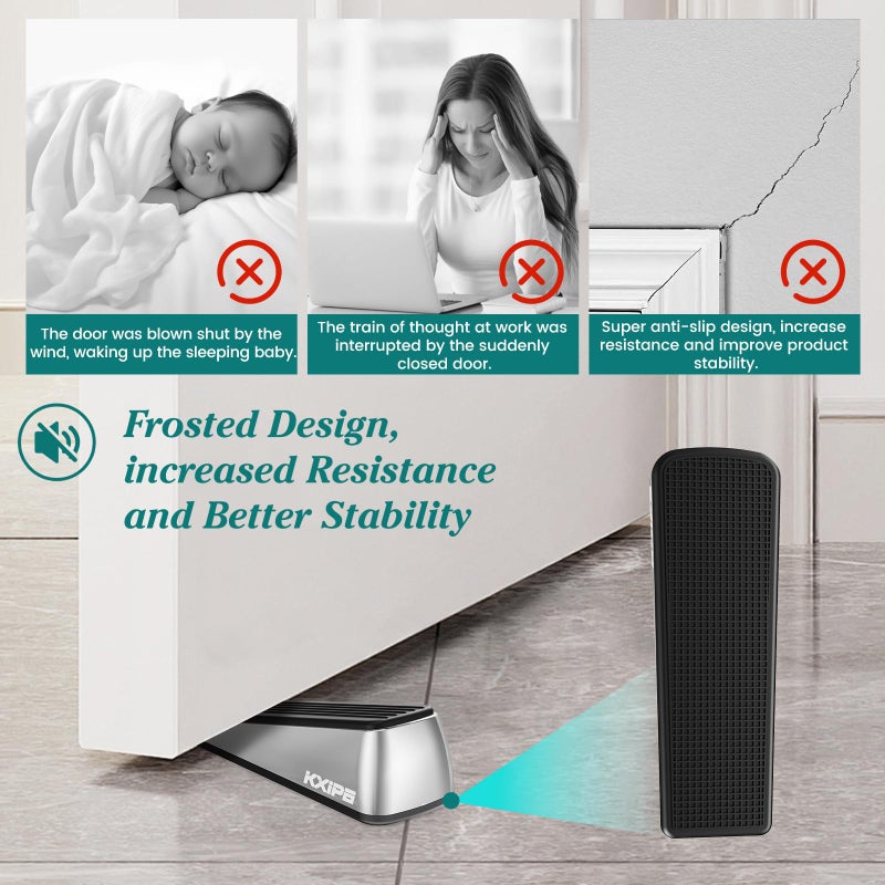 KXIPB 2 Pack Rubber Door Stopper Wedge - Heavy Duty Door Stoppers Stop Wedge Made of Premium Quality Brushed Stainless Steel, Wall Protector for Home & School with Self Adhesive Holder Satin Nickel - Image 4