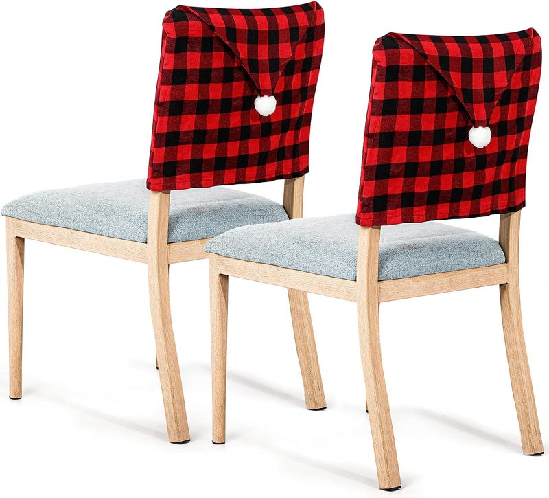 Queekay 6 Pieces Christmas Chair Back Covers Santa Hat Buffalo Plaid Christmas Dining Chair Protector Elastic Gingham Cover for Dining KitchenBlack Red - Image 2