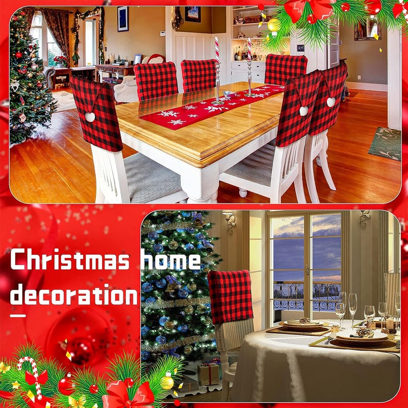 Queekay 6 Pieces Christmas Chair Back Covers Santa Hat Buffalo Plaid Christmas Dining Chair Protector Elastic Gingham Cover for Dining KitchenBlack Red - Image 3