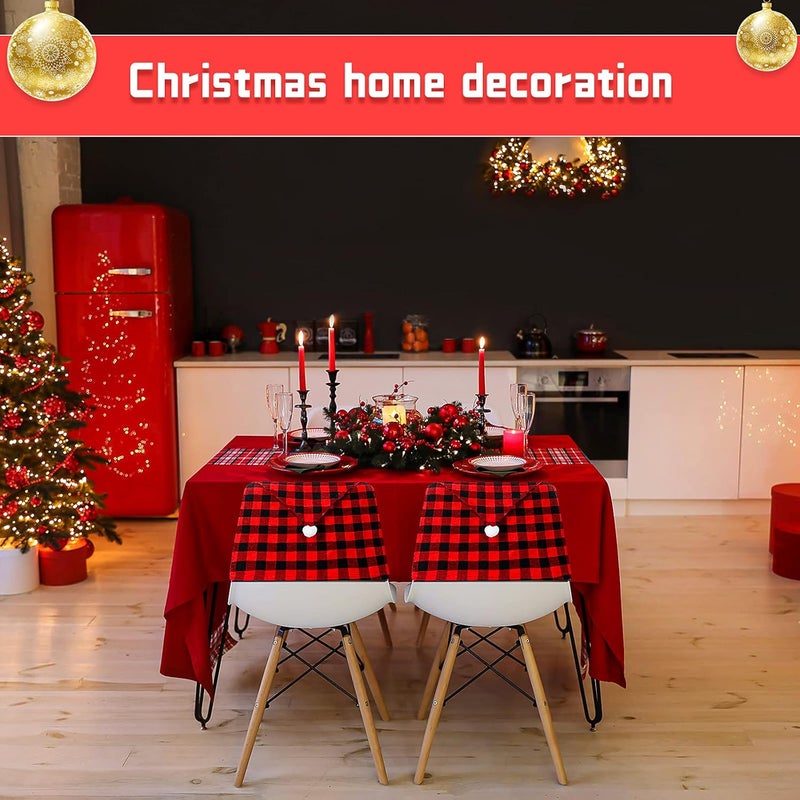 Queekay 6 Pieces Christmas Chair Back Covers Santa Hat Buffalo Plaid Christmas Dining Chair Protector Elastic Gingham Cover for Dining KitchenBlack Red - Image 5