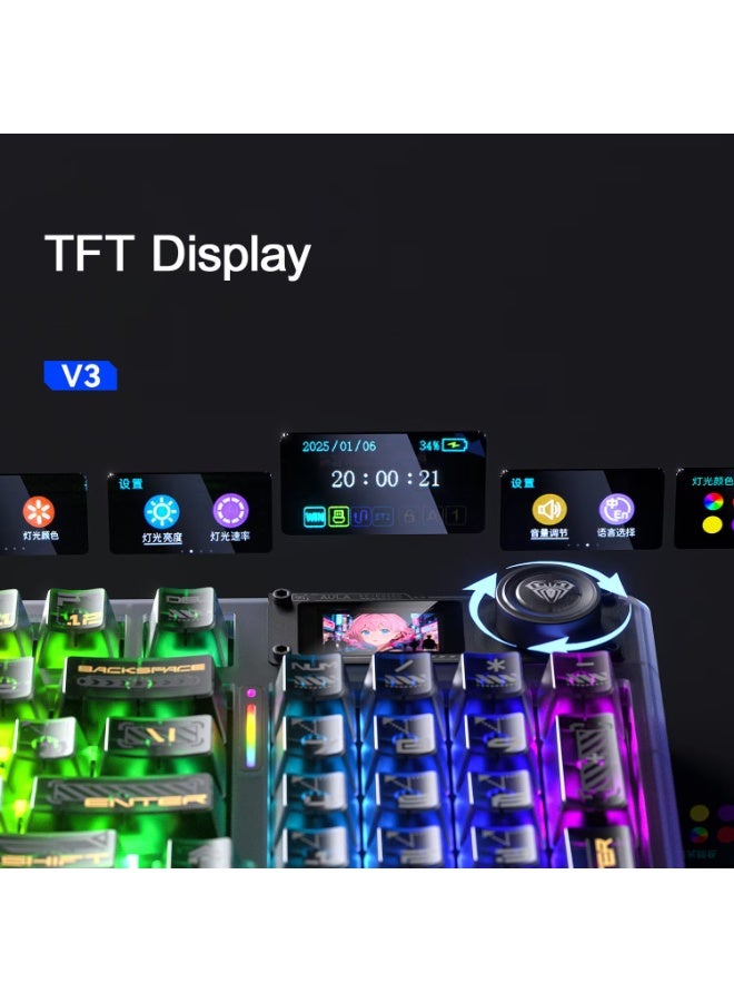 AULA لوحة مفاتيح ميكانيكية للألعاب F98 Pro V3 لاسلكية مع مفتاح كراميل لاتيه وشاشة ذكية TFT بحجم 1.14 بوصة ثلاثية الوضعية بلوتوث / 2.4GHz / USB-C قابلة للتبديل مع إضاءة خلفية RGB مع عزل صوتي من خمس طبقات لجهاز الكمبيوتر ماك - Image 3