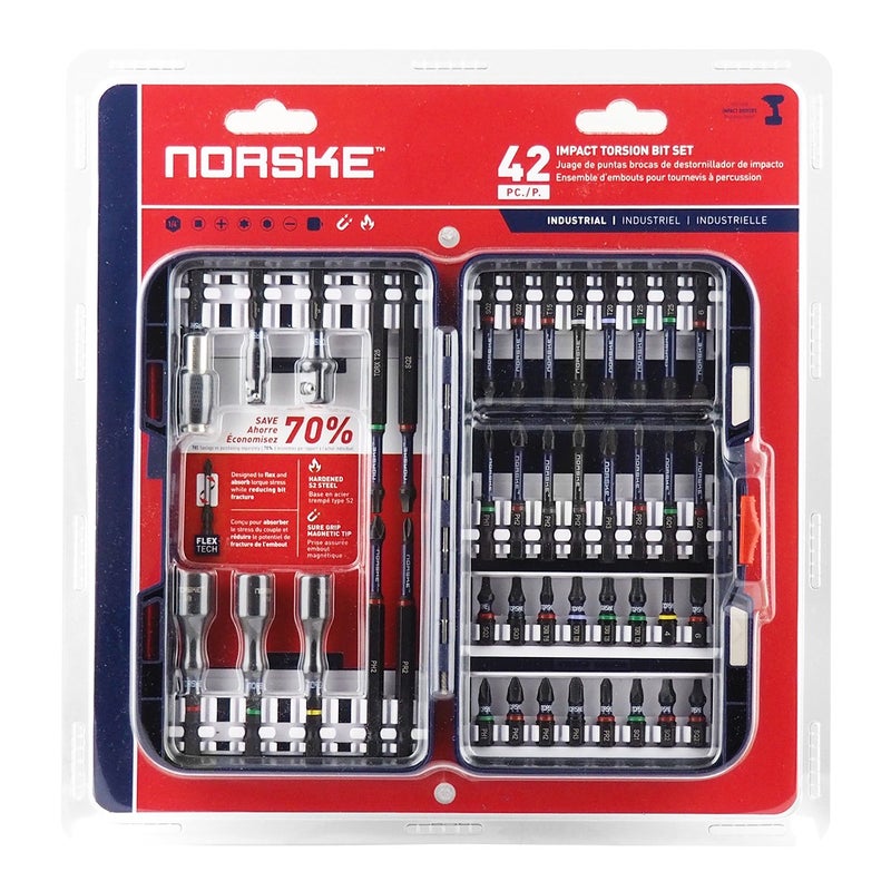 Norske Tools NIBPI703 42pcs Screwdriver Bit Set Impact Torsion PH Bits SQ Bits TORX Bits Socket Adapters Nutsetters Magnetic QC Bit Holder