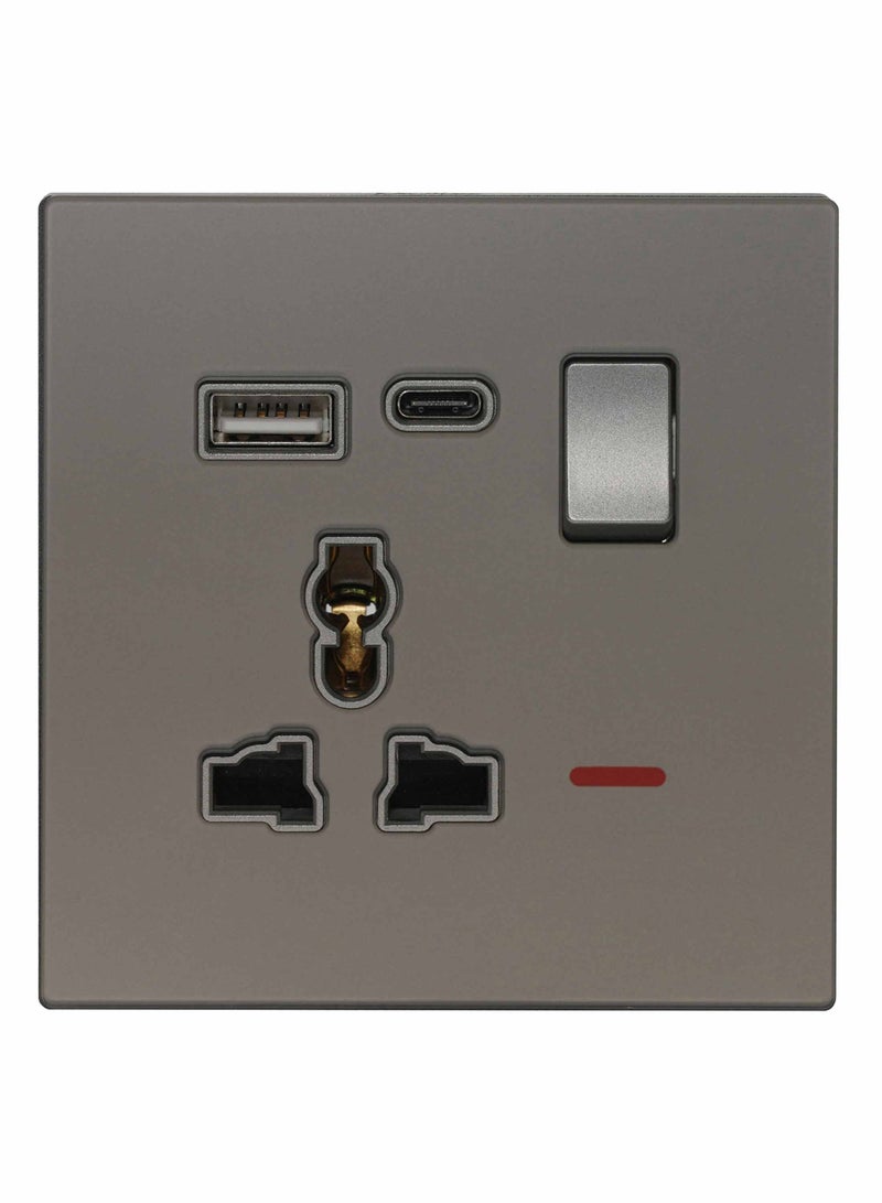 Donmarco Single MF Socket 13A USB + Type-C (5V 3.1A) – Ultra Thin Glass, Fire-Resistant Electric Outlet , 3-Year Warranty Fast Charging, Multi-Function (Matt Grey) | Power Outlet  - Image 1