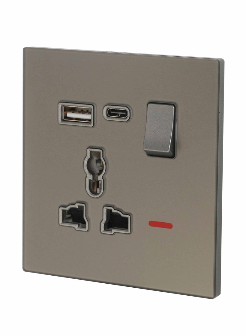 Donmarco Single MF Socket 13A USB + Type-C (5V 3.1A) – Ultra Thin Glass, Fire-Resistant Electric Outlet , 3-Year Warranty Fast Charging, Multi-Function (Matt Grey) | Power Outlet  - Image 2