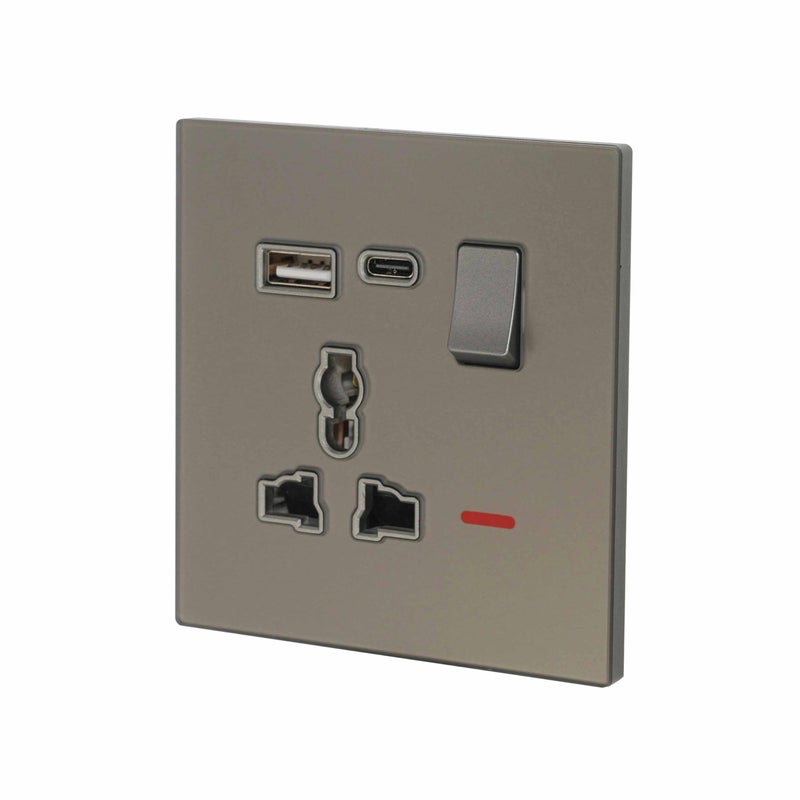 Donmarco مقبس MF مفرد 13A USB + Type-C (5V 3.1A) – زجاج فائق النحافة، مقبس كهربائي مقاوم للحريق، ضمان 3 سنوات، شحن سريع، متعدد الوظائف (رمادي مطفي) | مقبس طاقة - Image 2