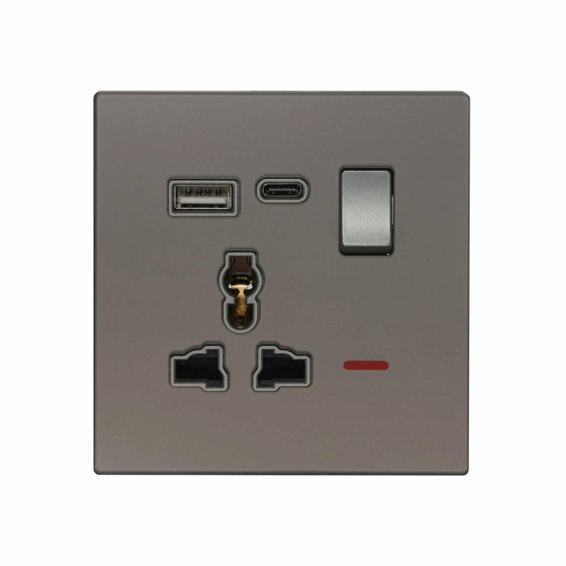 Donmarco مقبس MF مفرد 13A USB + Type-C (5V 3.1A) – زجاج فائق النحافة، مقبس كهربائي مقاوم للحريق، ضمان 3 سنوات، شحن سريع، متعدد الوظائف (رمادي مطفي) | مقبس طاقة - Image 1