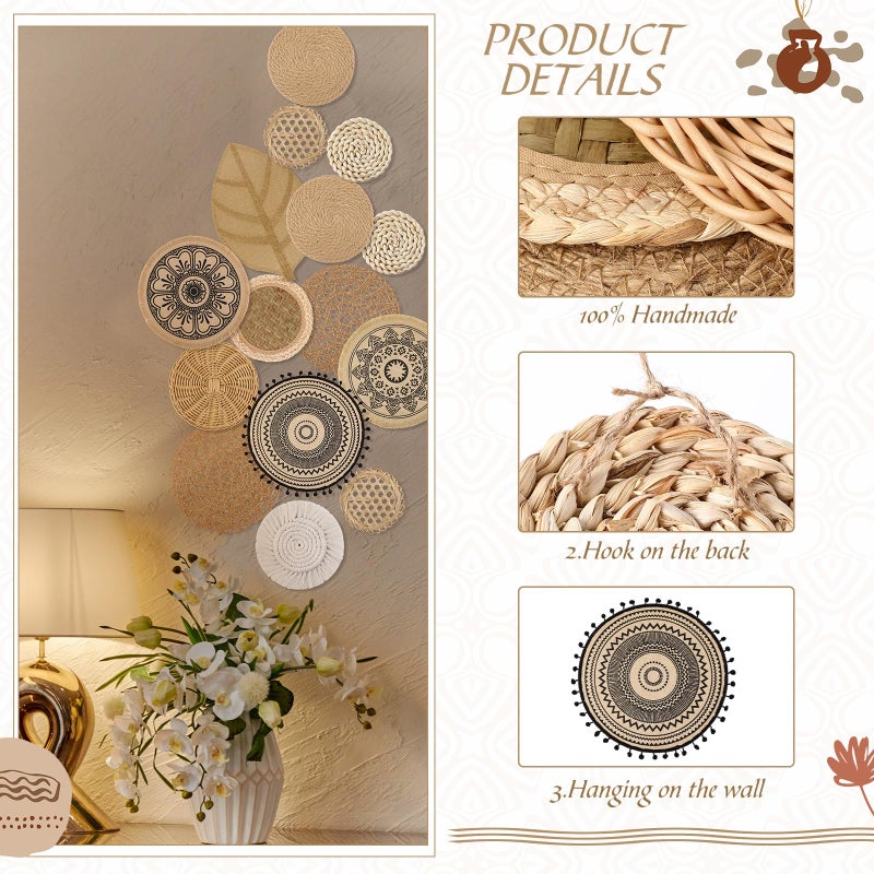 Anglechic 15 Pcs Boho Wall Basket Decor Brown Woven Rattan Seagrass Decor Hanging Rustic Farmhouse Western Wall Art Decoration for Nursery Living Room Bedroom Home Kitchen - Image 2