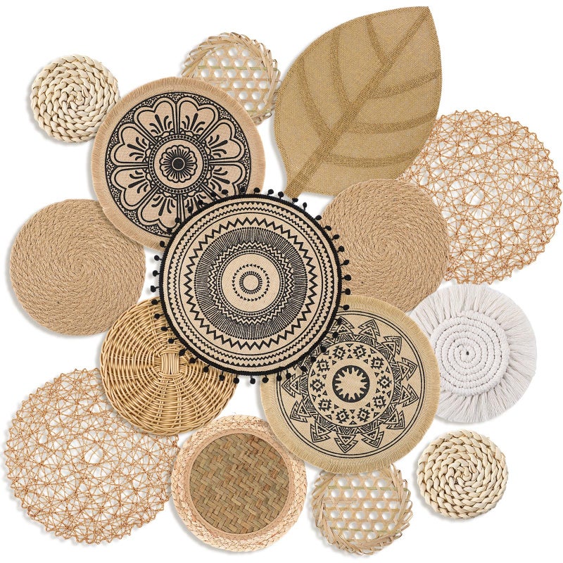 Anglechic 15 Pcs Boho Wall Basket Decor Brown Woven Rattan Seagrass Decor Hanging Rustic Farmhouse Western Wall Art Decoration for Nursery Living Room Bedroom Home Kitchen - Image 1