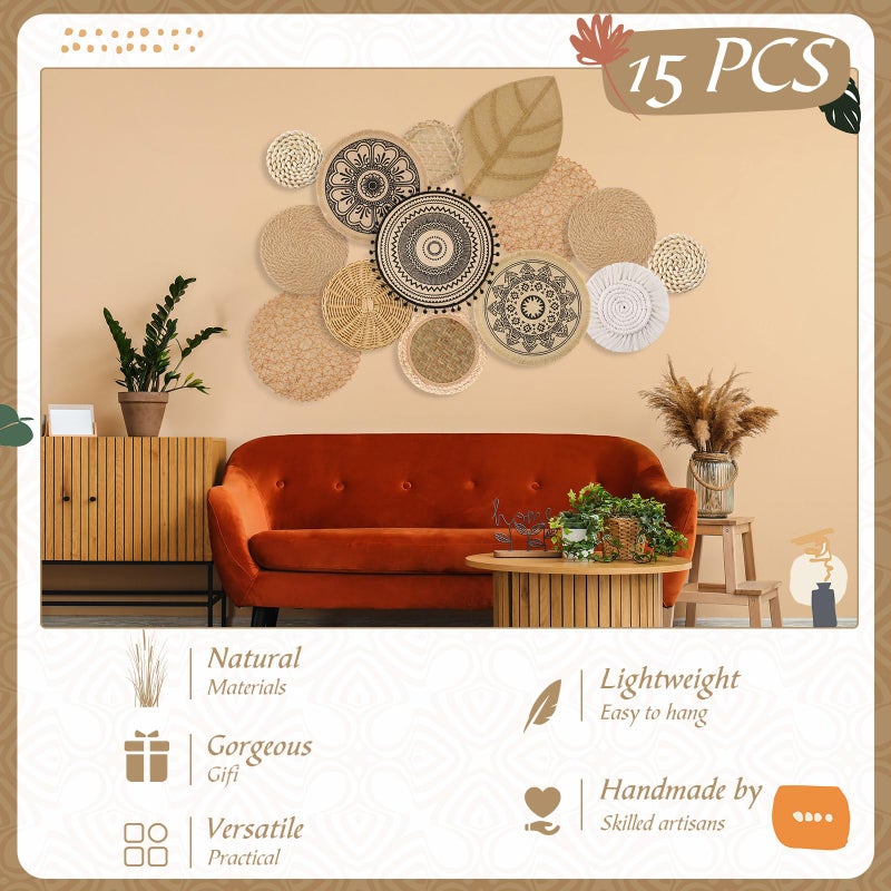 Anglechic 15 Pcs Boho Wall Basket Decor Brown Woven Rattan Seagrass Decor Hanging Rustic Farmhouse Western Wall Art Decoration for Nursery Living Room Bedroom Home Kitchen - Image 4