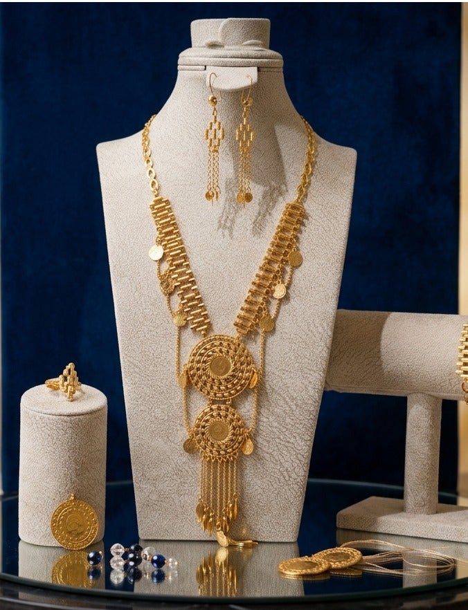 World Luxury Complete Gold-Plated Alternative Jewelry Set (4 Pieces) with Coin Design and Vintage Ornaments - Image 1