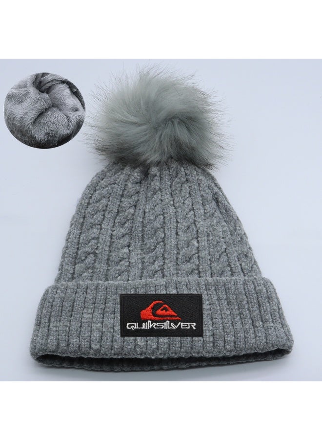 Quiksilver Sherpa-Lined Pom-Pom Beanie - Heather Gray Winter Surf Beanie for Men & Women