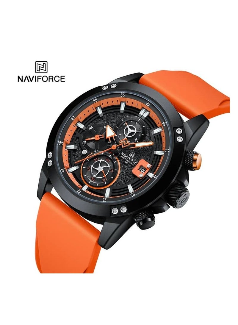 NAVIFORCE Stylish Mens Chronograph Watch with Black Dial Orange Silicone Strap Multifunctional Stopwatch Date Display Water Resistant 30M Sport Wristwatch  - Image 1